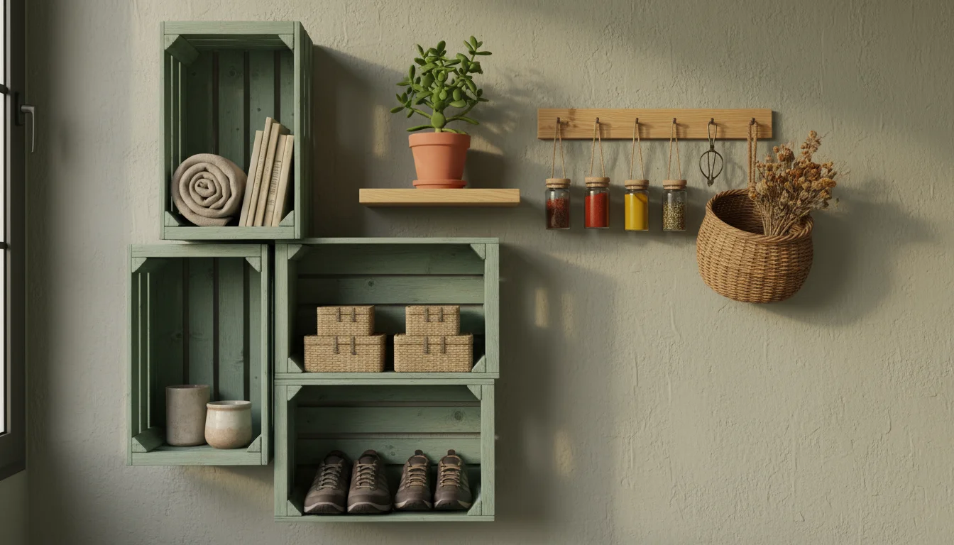 A cozy apartment wall with stacked sage green crates, a DIY blonde wood floating shelf with a succulent, wall-mounted spice jars, and a vintage woven 
