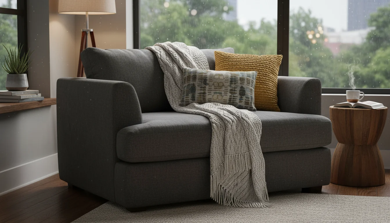 Cozy armchair featuring a chunky knit throw blanket and two layered decorative pillows. A soft area rug peeks out, with floor-length curtains diffusin