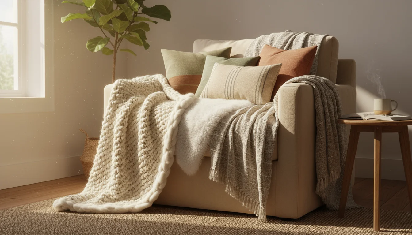 A cozy armchair draped with layered chunky knit, faux fur, and cotton throws, piled with plush pillows, bathed in soft sunlight.