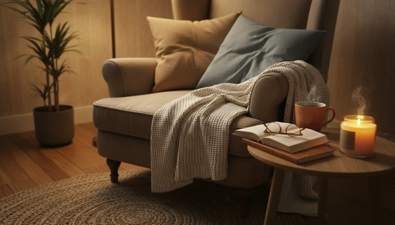 A cozy armchair with a knit blanket, two pillows, a jute rug, a mug, candle, and small plant on a side table.