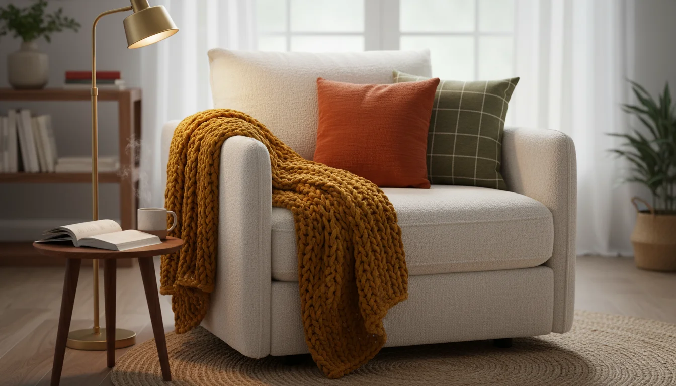 Eye-level shot of a cozy armchair with a mustard throw, burnt orange and olive green pillows, beside a wooden table with a steaming mug and book, agai