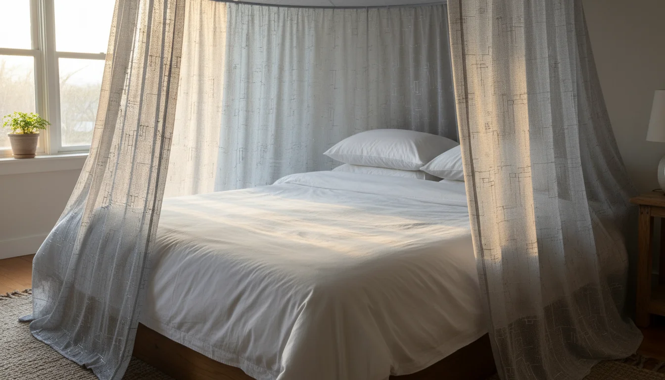 A cozy bedroom featuring a bed draped with an elegant light grey EMF shielding fabric canopy, illuminated by soft afternoon light.