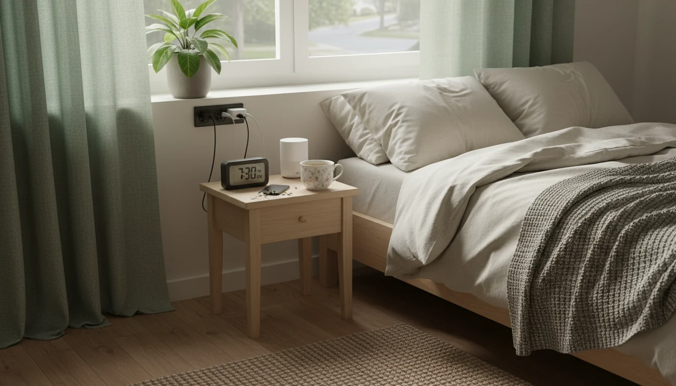 A cozy bedroom bedside table with a battery alarm clock, tea mug, a power strip with a switch, and sage green linen curtains.