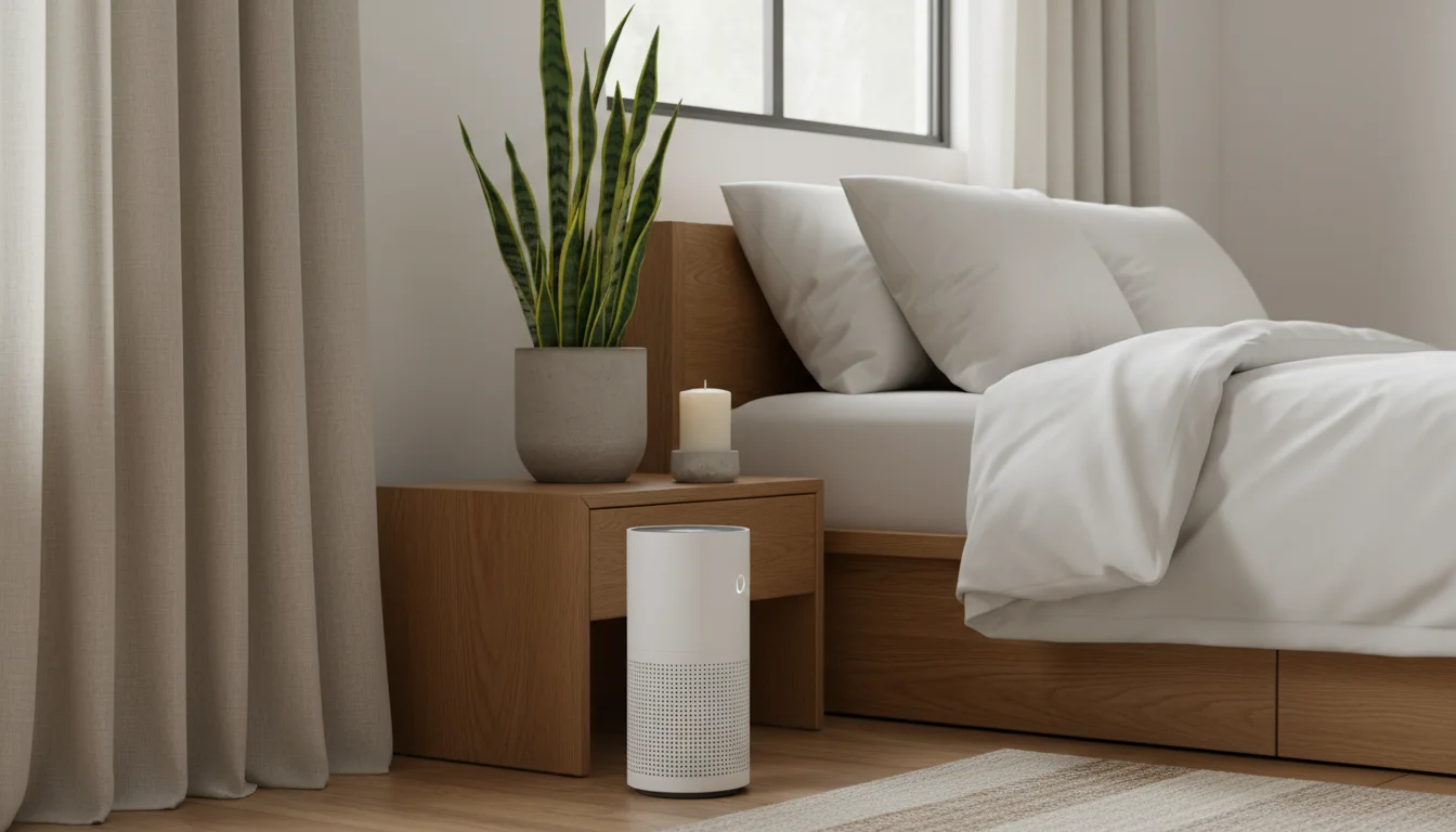 A cozy bedroom corner with a white air purifier, snake plant, and candle on an oak nightstand next to a window with linen curtains.