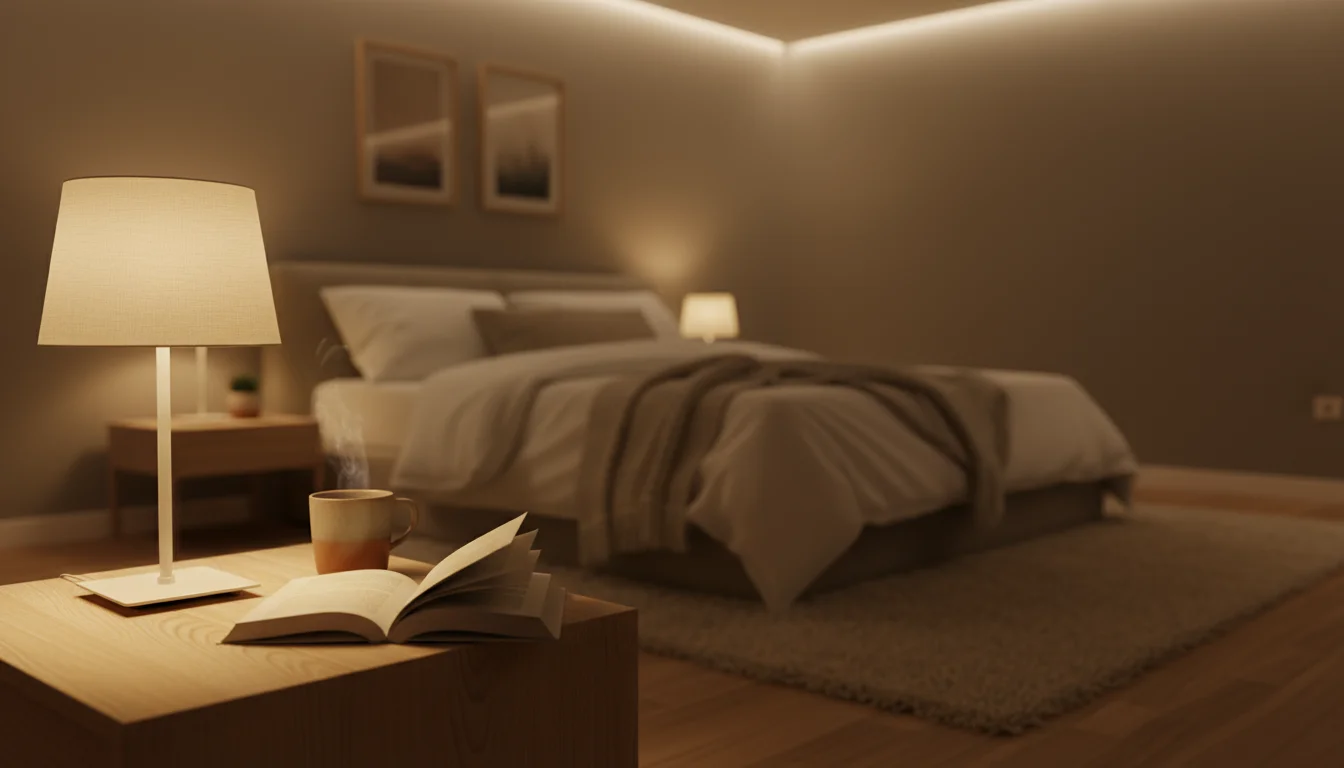 A cozy bedroom at dusk, with a bedside lamp casting a warm glow on a book and mug on a nightstand.