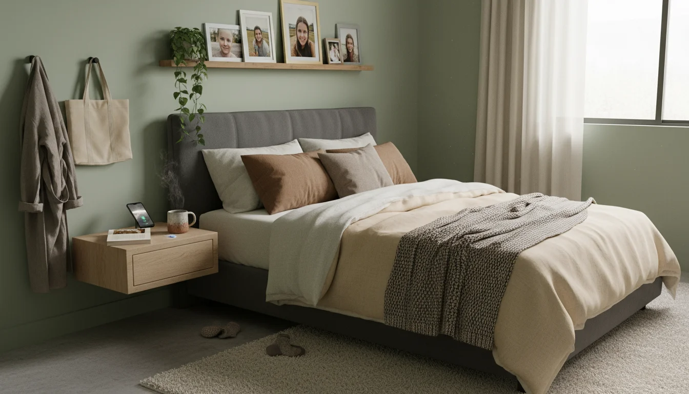 A cozy bedroom with a light wood floating nightstand, a book, phone, and mug. Nearby hooks hold a robe and bag, and a shelf above the bed has photos a