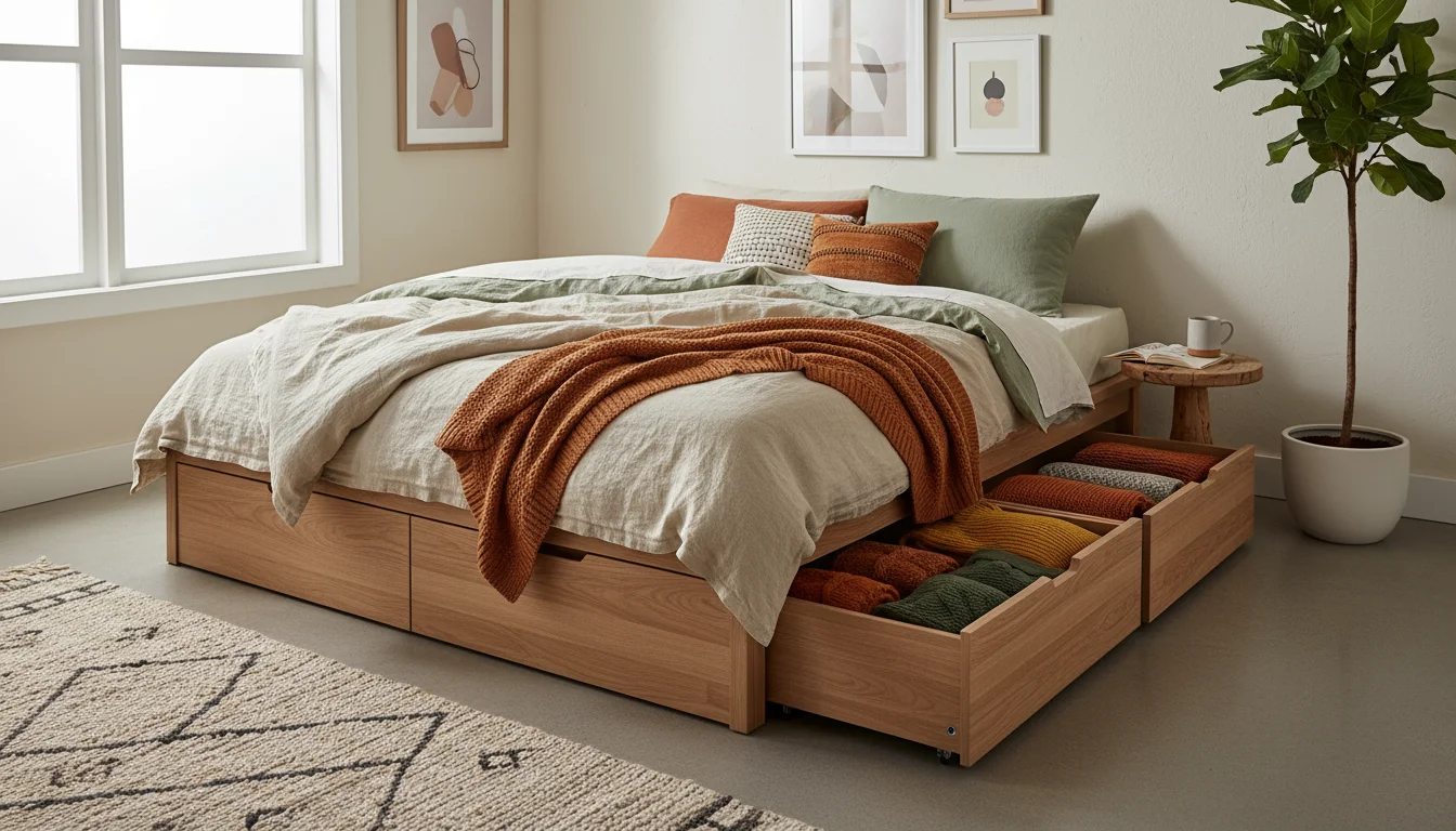 A cozy bedroom with a modern wooden bed frame featuring a partially open, integrated under-bed drawer filled with folded clothes.