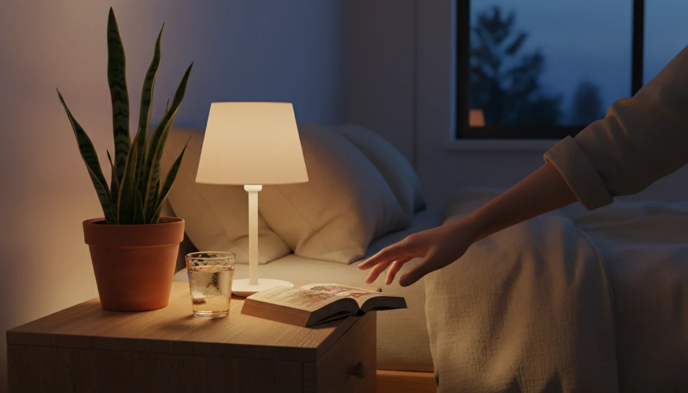 Cozy bedroom nightstand at dusk with a snake plant, book, water, and soft lamp. A hand reaches to turn off the light, promoting restful sleep.
