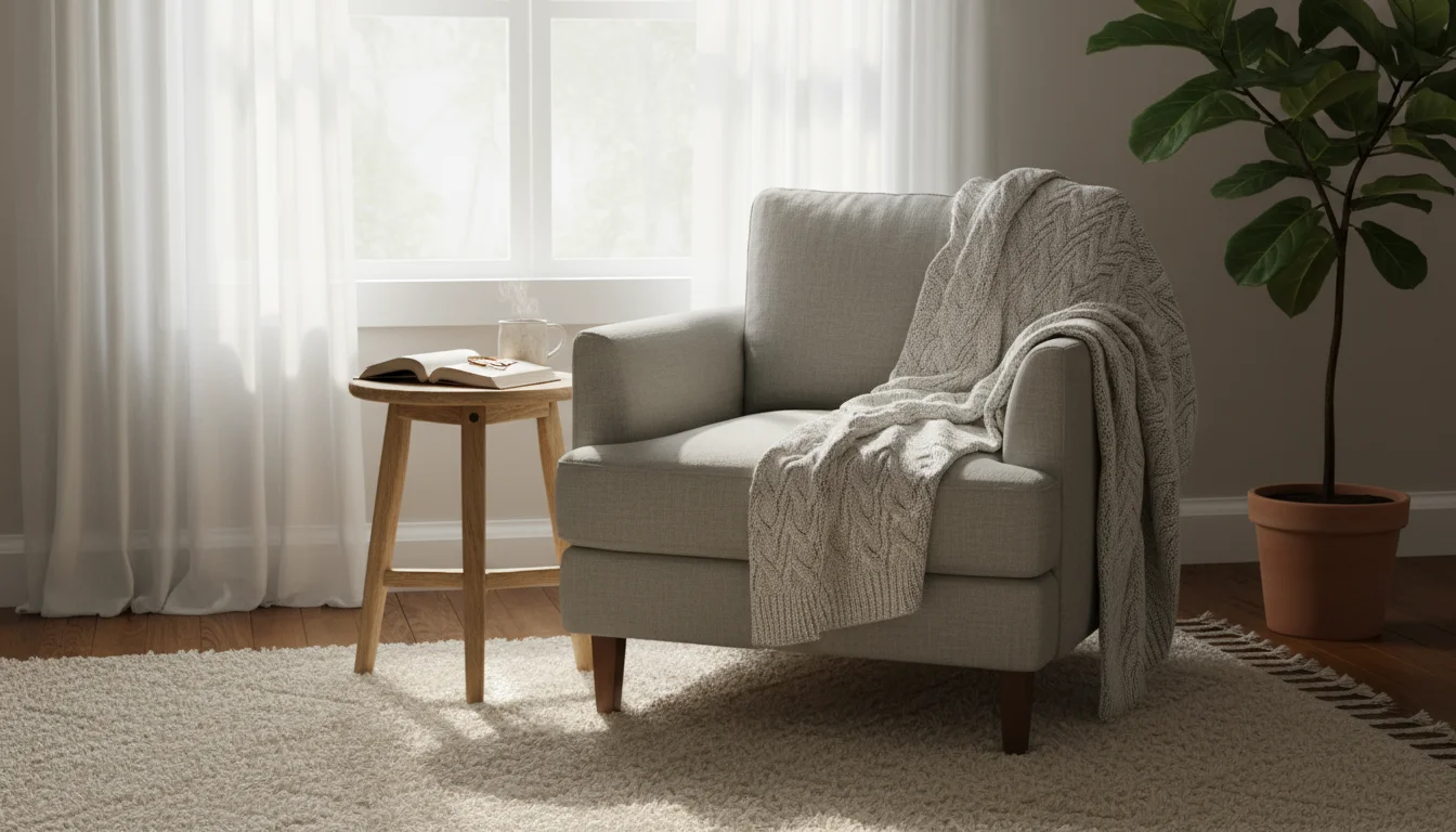A cozy bedroom reading nook with a grey armchair, throw blanket, side table with tea and book, and soft window light.