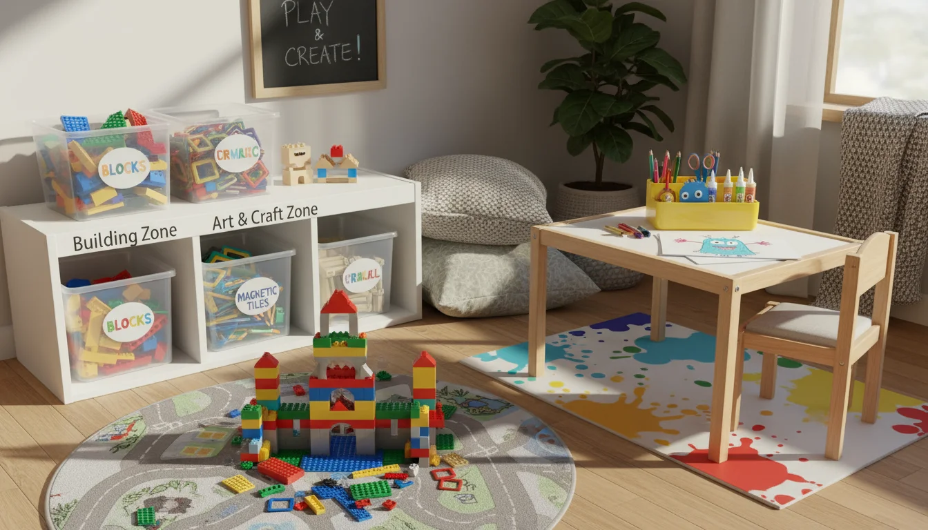 Cozy child's play corner with two distinct toy zones: a building zone with blocks and a partially built LEGO, and an art zone with a table and crayons