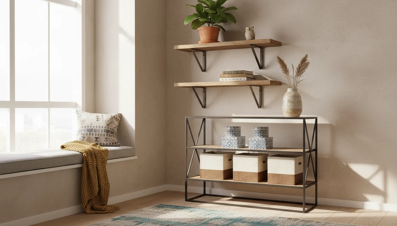 Cozy corner nook featuring rustic wooden floating shelves, a dark metal etagere, and a clear acrylic desk organizer.