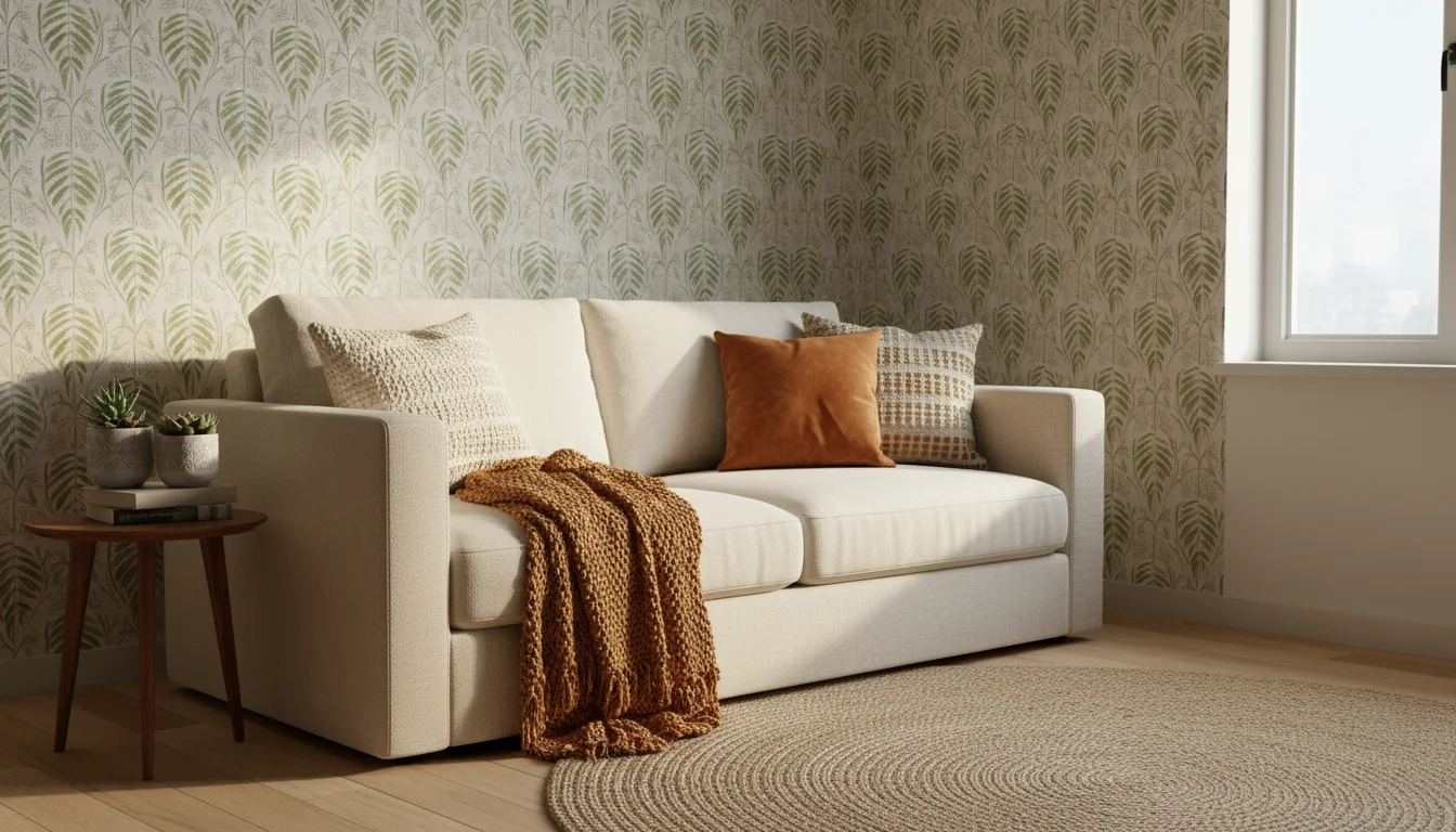 Cozy corner of a rental living room featuring a sofa, temporary peel-and-stick accent wall, warm plug-in lamp, and a potted plant.