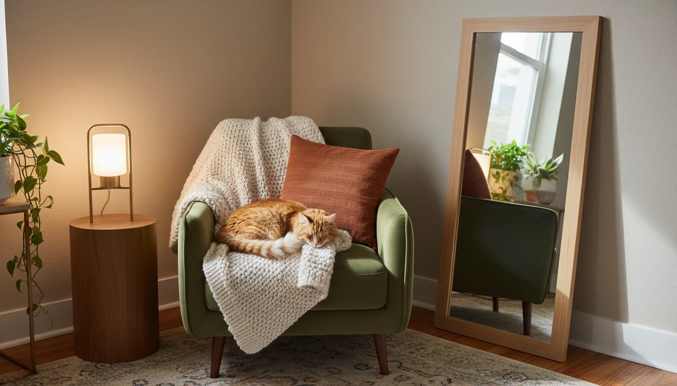 Cozy corner of a small living room with an armchair, mirror, lamp, and sleeping ginger cat, showing decluttered comfort.