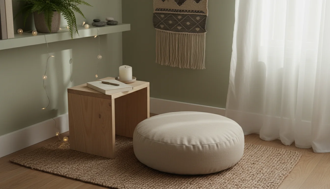 A cozy, decluttered meditation corner with a round floor cushion, a small stool holding a journal and candle, and a snake plant.
