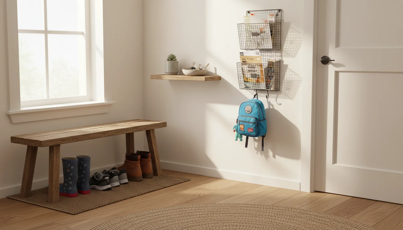 A cozy entryway with a low bench, shoe mat, shelf with a key dish, and a wall-mounted mail holder.