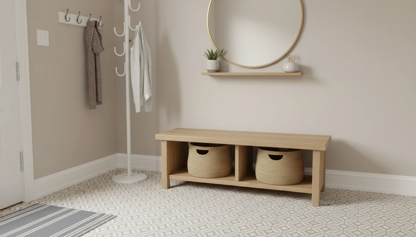 A cozy entryway nook with a new peel-and-stick geometric tile floor, a light wood storage bench, and a small green plant.