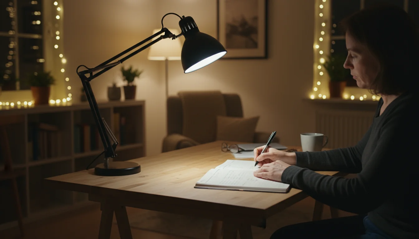 Cozy home office corner at night, showcasing layered lighting: task lamp on a planner, ambient room glow, and fairy lights on a bookshelf.