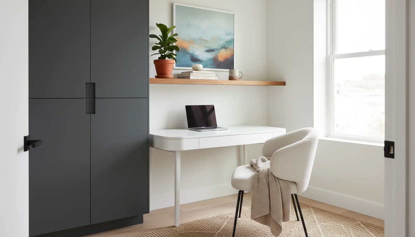 A cozy home office corner featuring a wooden floating shelf, a dark gray closed cabinet, and a black metal wire basket for storage.