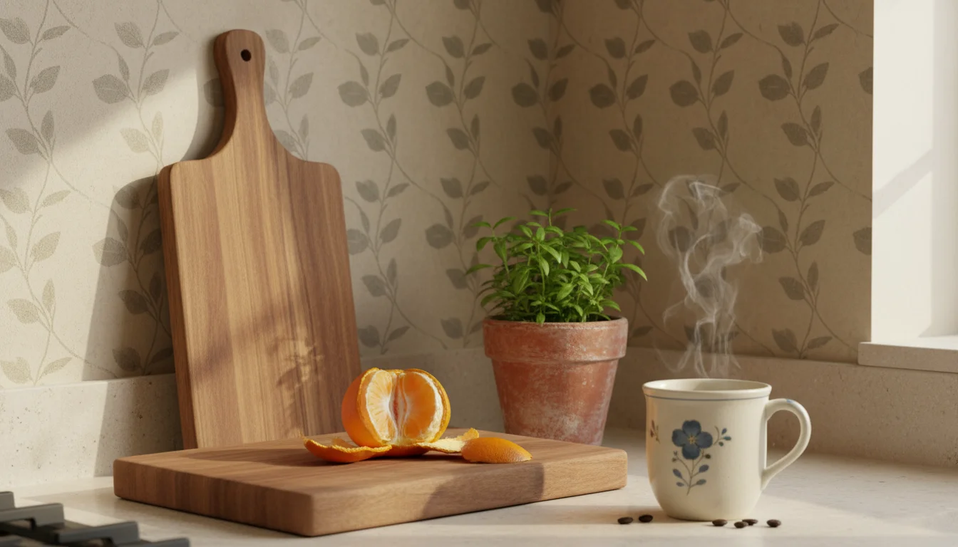 Cozy kitchen corner with a newly stenciled backsplash featuring a muted geometric pattern. A wooden cutting board and a green plant are on the counter