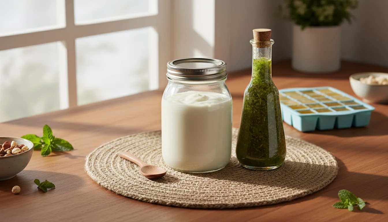 A cozy kitchen counter displays homemade yogurt in a large glass jar, herb salad dressing in a bottle, and frozen broth cubes in a silicone tray, with
