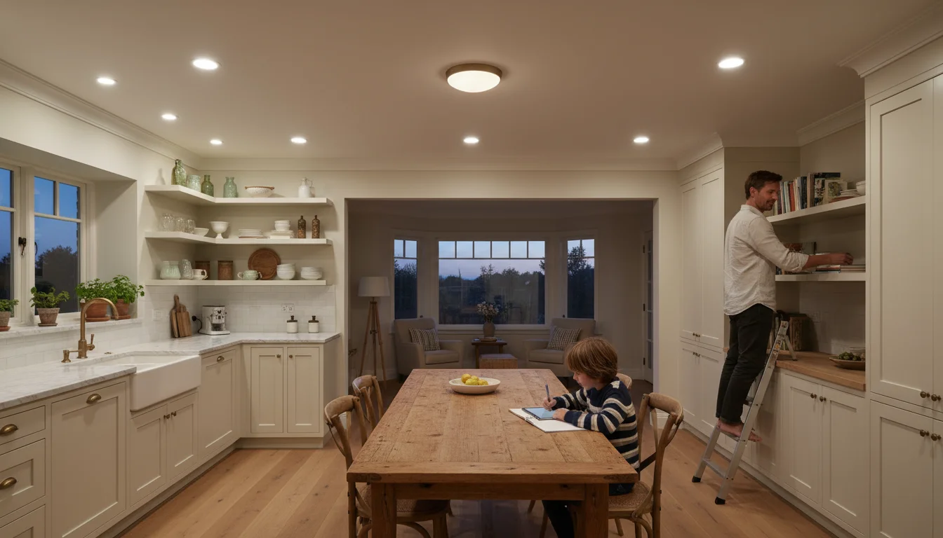 Cozy kitchen and dining area under even ambient light; parent organizes, child studies at table.