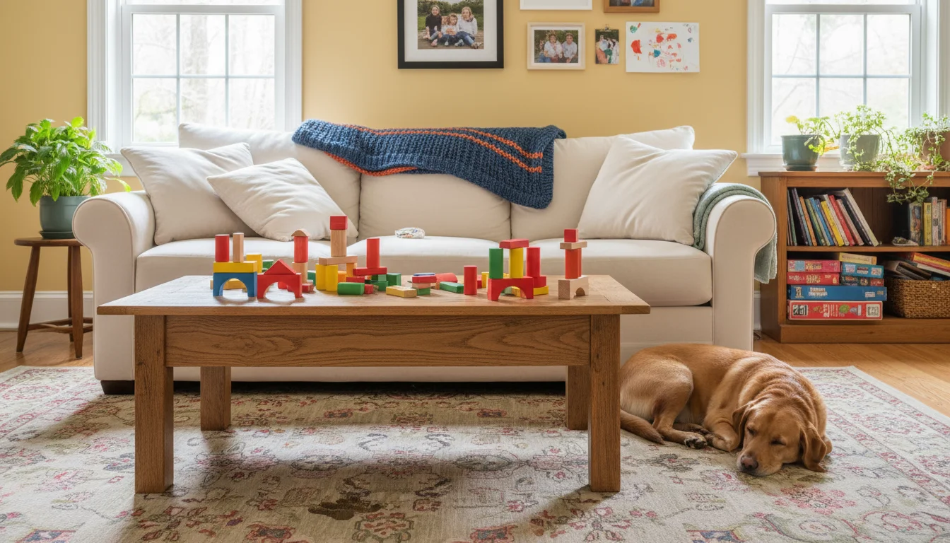 A cozy, lived-in family room with a sofa, scattered building blocks, a napping dog on a rug, and a faint muddy paw print.