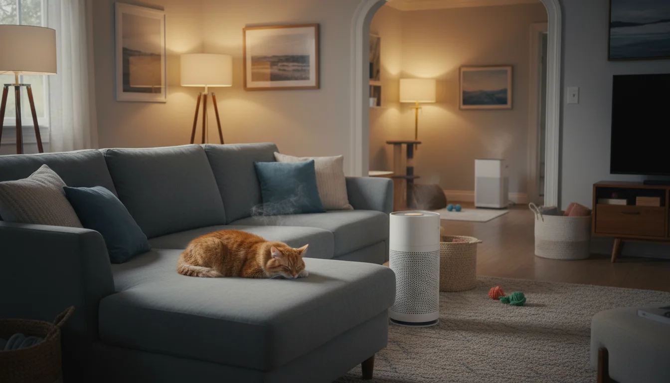 A cozy living room with a cat napping on a sofa and a mid-sized air purifier nearby. A different, larger air purifier is visible in the background.