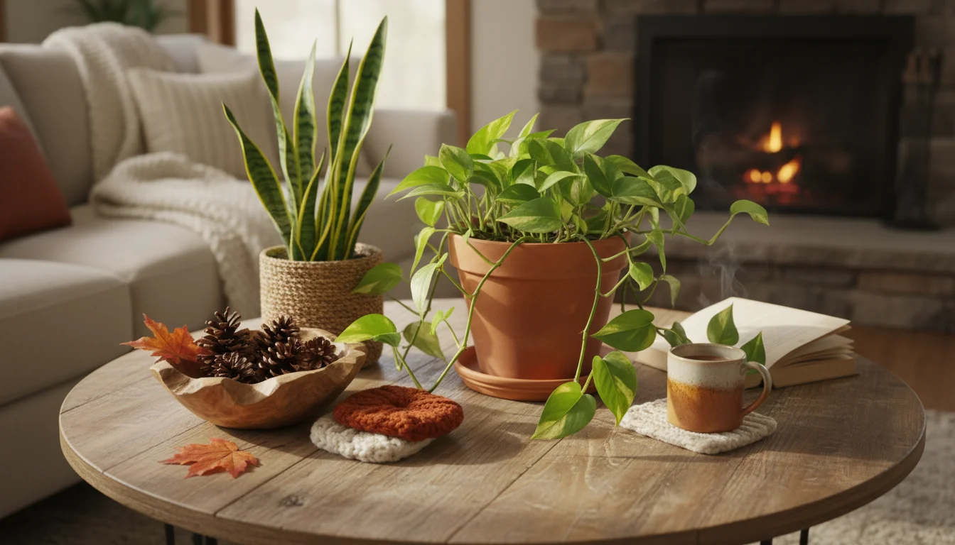 A cozy living room coffee table vignette with a Pothos plant in terracotta, a snake plant in a woven basket, and a wooden bowl of pinecones.