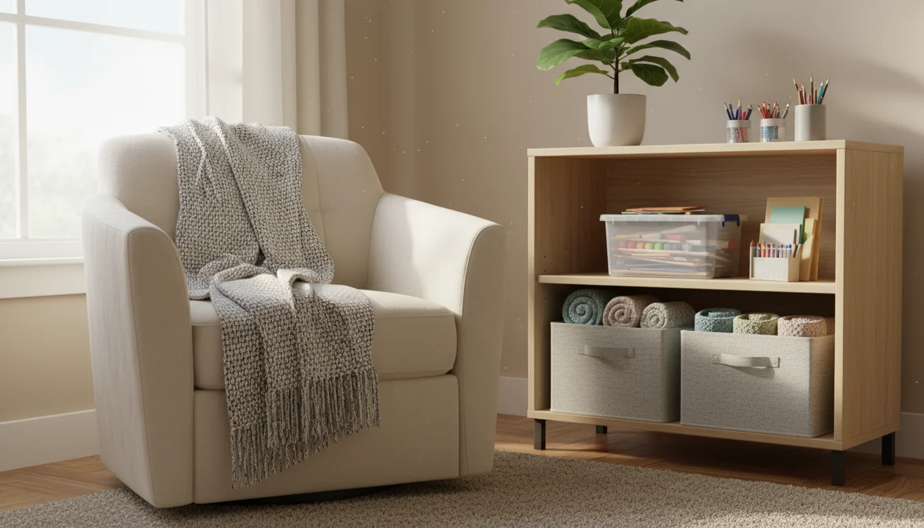 Cozy living room corner with an armchair, a shelving unit, fabric bins holding blankets, and a clear bin with art supplies.
