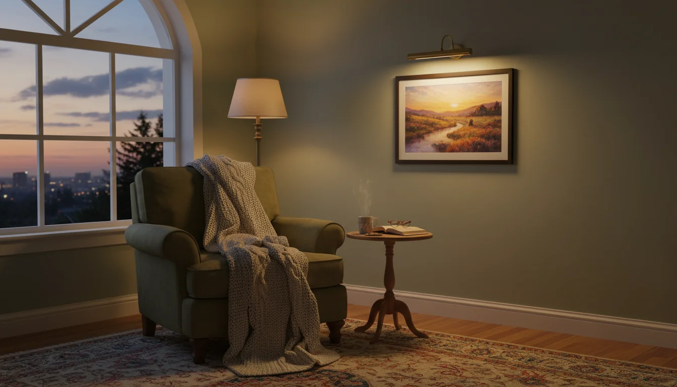 A cozy living room corner at dusk. A framed landscape print is beautifully lit by a discreet picture light above a comfortable armchair.