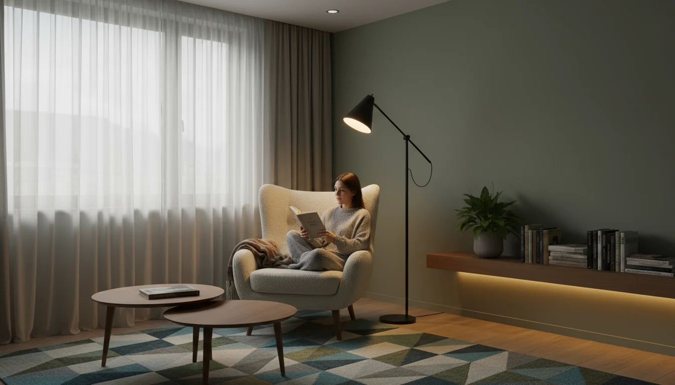 Cozy living room corner with layered artificial lighting: a floor lamp, recessed ceiling light, and under-shelf LED strip illuminating books.