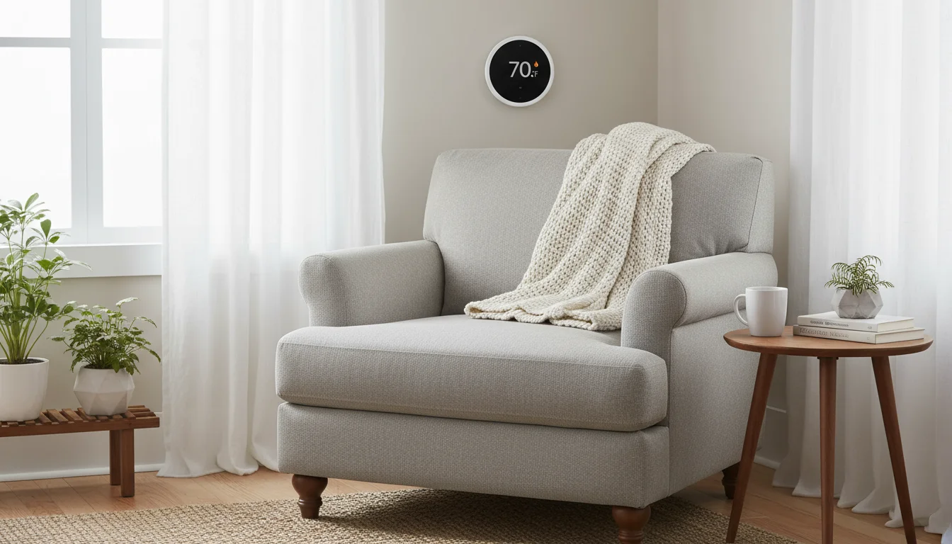 A cozy living room corner with a light gray armchair, a cream throw, and a Nest thermostat displaying 70°F on the wall.