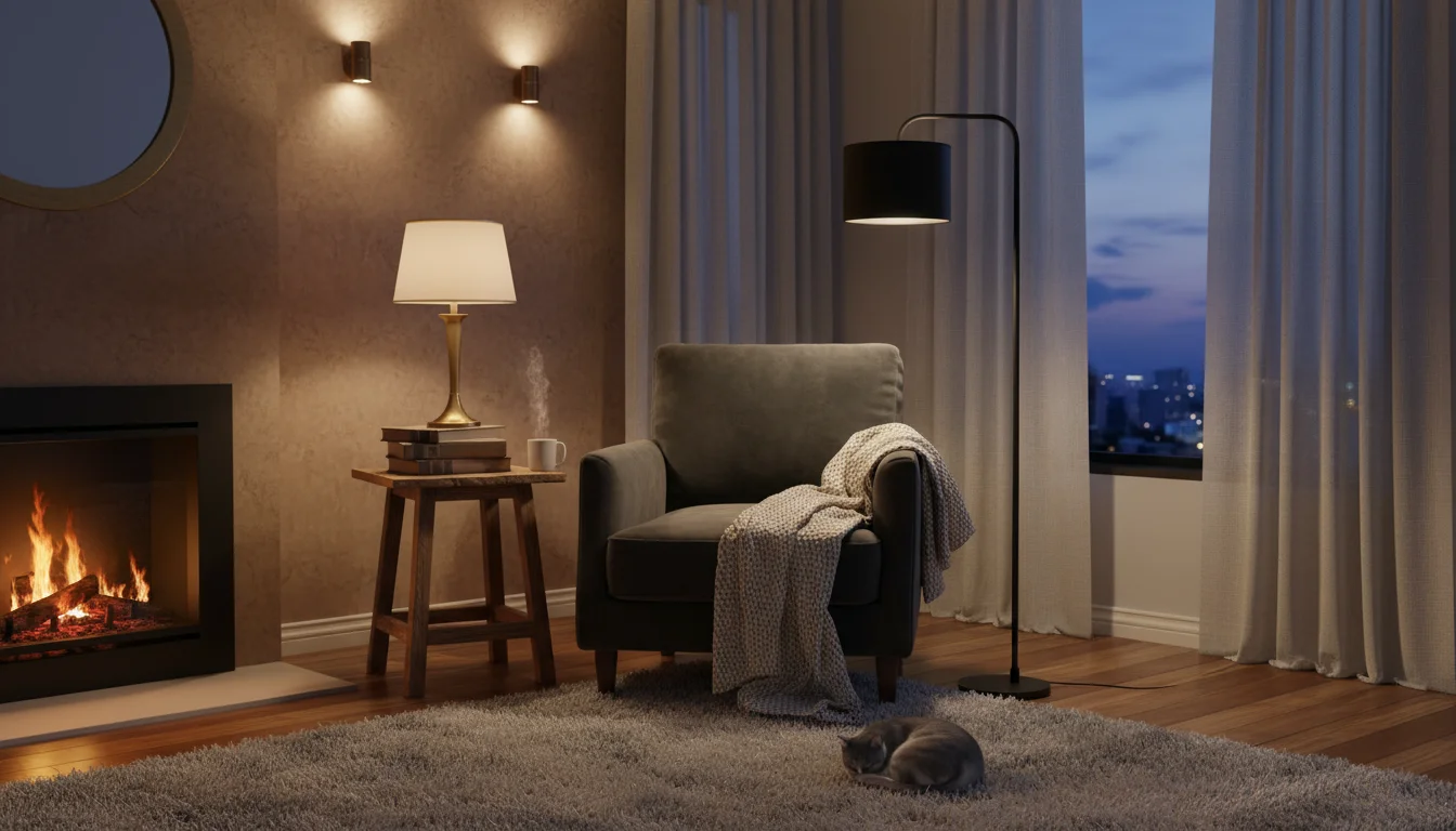 Cozy living room corner lit by a soft, warm table lamp, a floor lamp, and wall sconces, creating layered, diffused light. A teacup sits on the table.