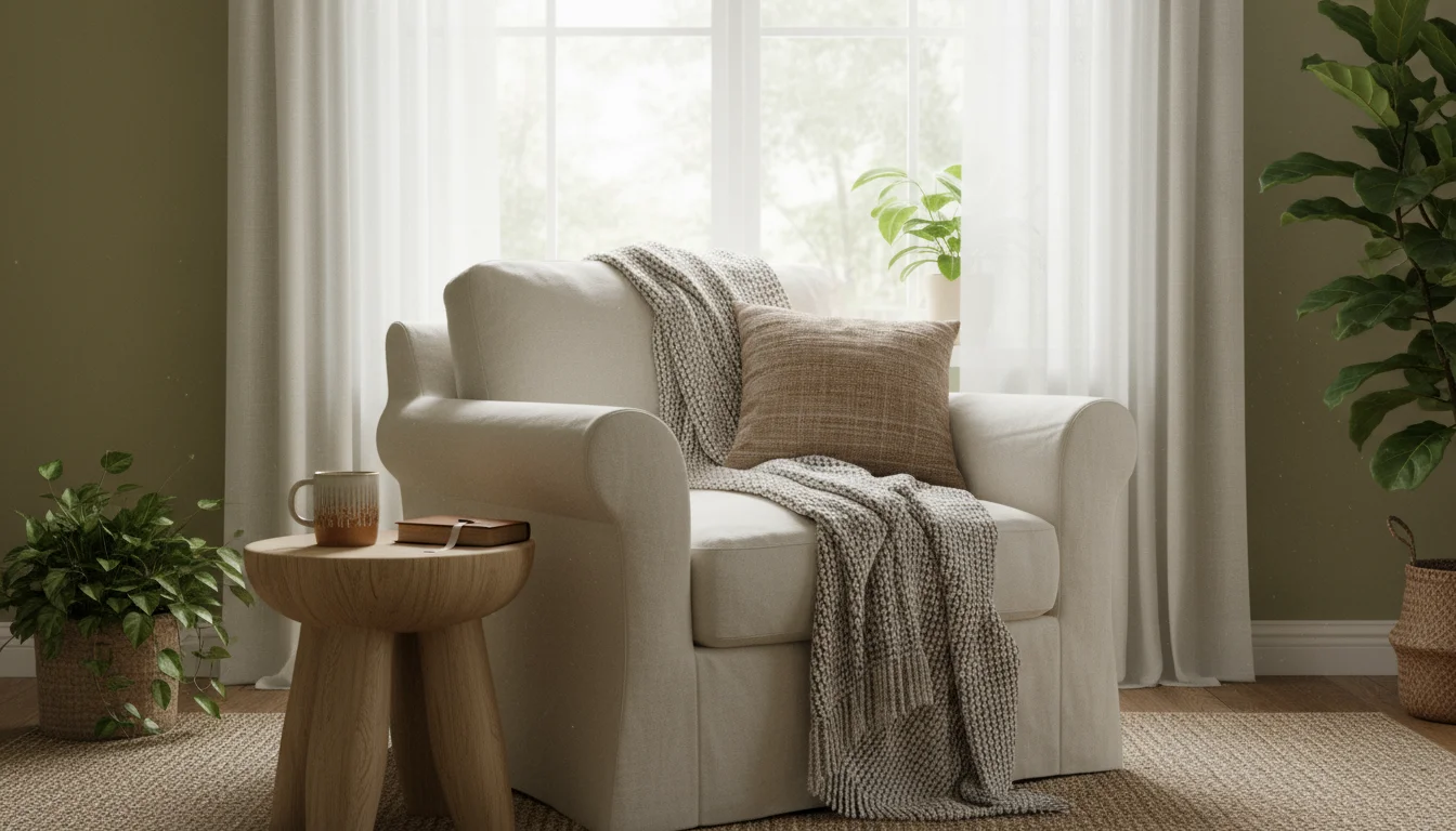 Cozy living room corner with muted sage green walls, an armchair, a knit throw, a mug, and a book on a side table.