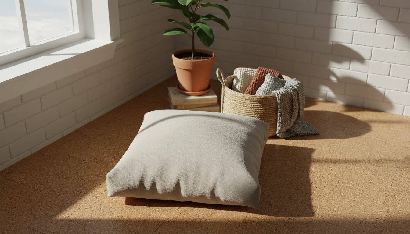 A cozy living room corner featuring a natural linen floor cushion on a warm cork floor, with a basket of knit blankets and leather slippers.