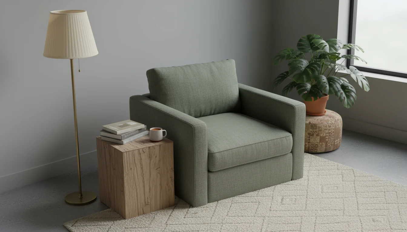 A cozy living room corner featuring a sage green armchair, tall brass floor lamp, wooden side table with books and tea, and a framed botanical print o