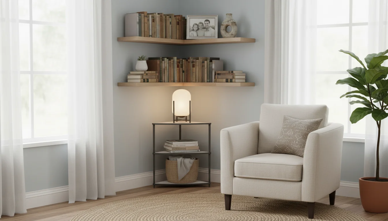 A cozy living room corner with two floating wooden shelves displaying books and decor, above a metal plant stand with a Pothos.
