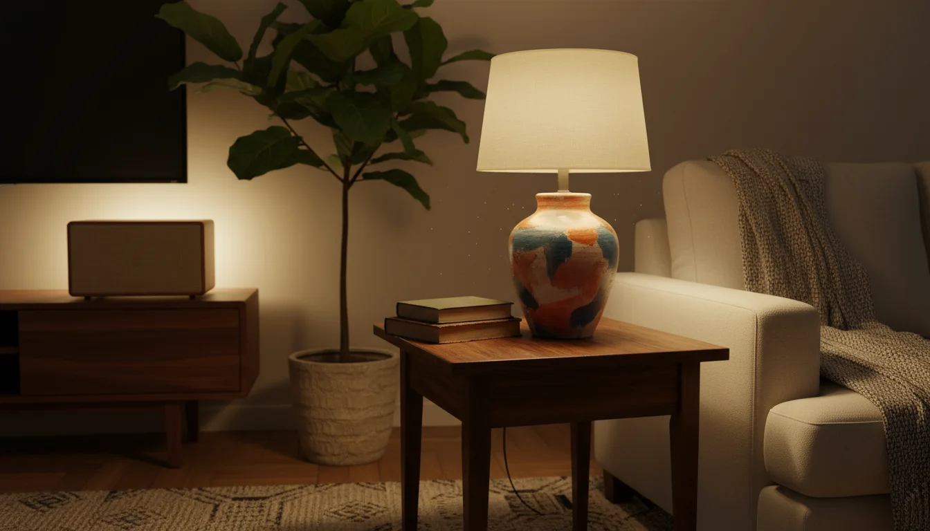 A cozy living room corner featuring an upcycled table lamp with a new shade, subtle LED strip lighting, and a hand holding a smartphone.