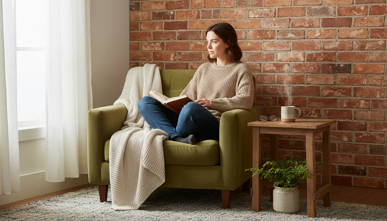Cozy living room corner with a warm peel-and-stick brick tile accent wall, a comfy armchair, and a person reading in natural light.