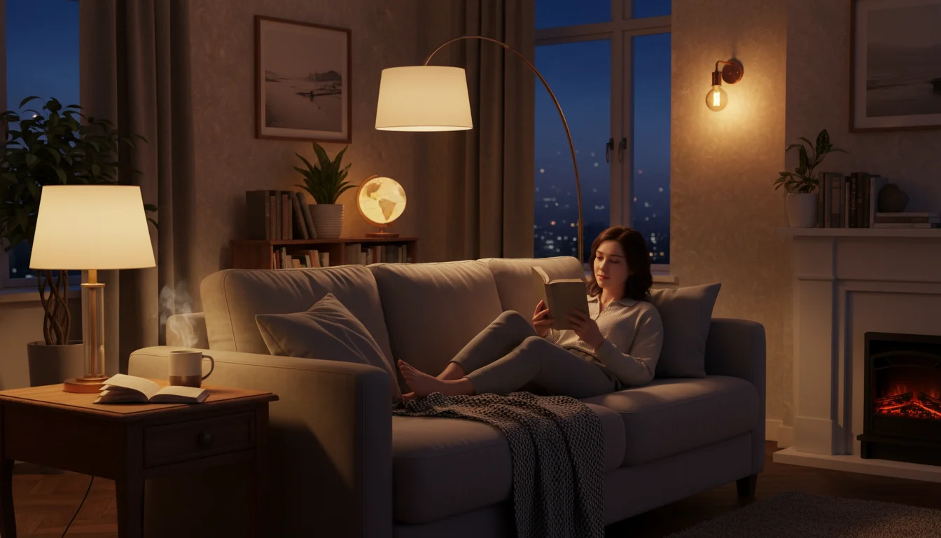 A cozy living room at dusk, illuminated by multiple soft lamps. A person reads on a sofa, enjoying the warm, layered lighting.