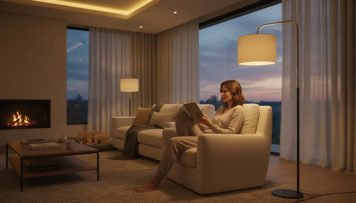 A cozy living room at dusk with a woman reading in an armchair, illuminated by a floor lamp, table lamp, and soft ambient ceiling lights, creating a w