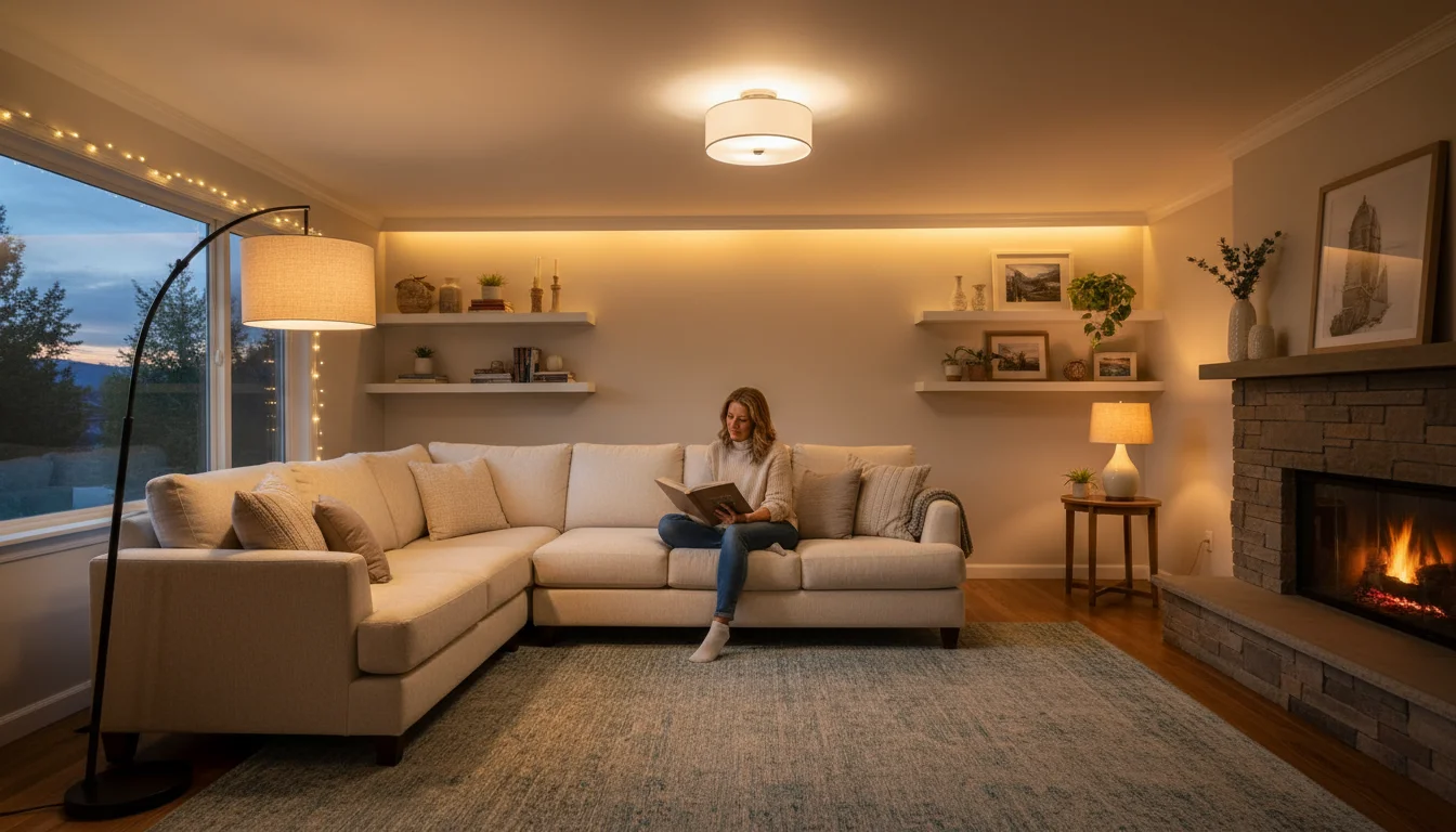 Wide shot of a cozy living room at dusk. A woman reads on a sofa under a floor lamp. A ceiling light provides ambient glow, and a wall sconce highligh