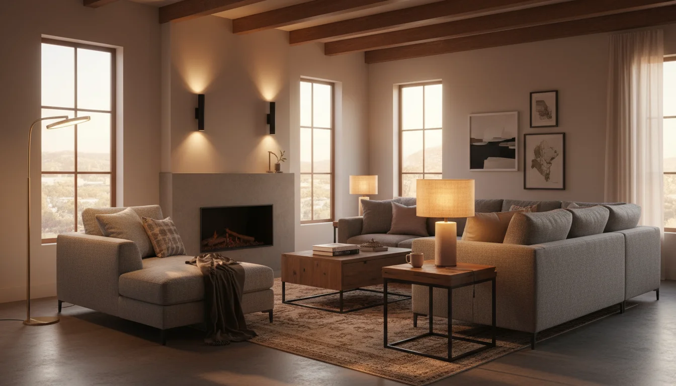 A cozy living room at golden hour, showing a torchiere floor lamp, a table lamp, and a wall sconce creating layered lighting.