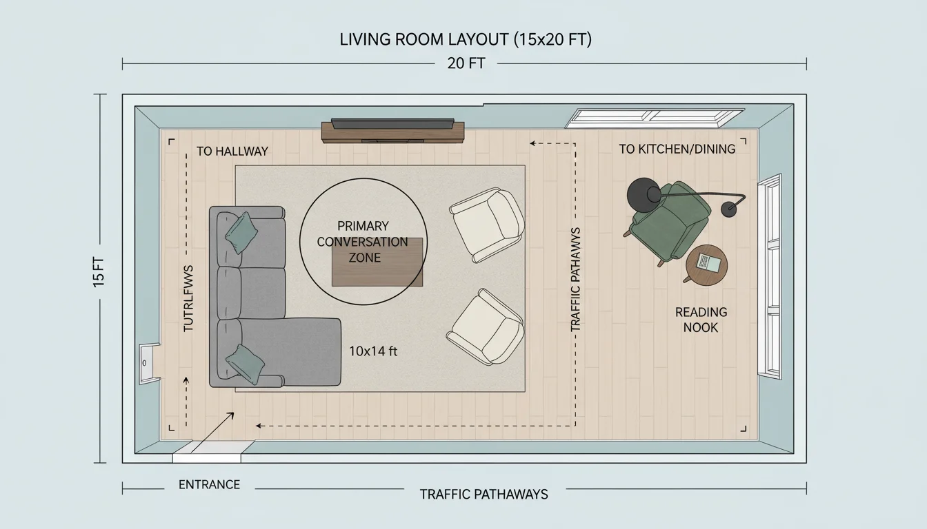 Diagram showing a cozy living room layout with distinct conversation and reading zones and clear traffic paths.