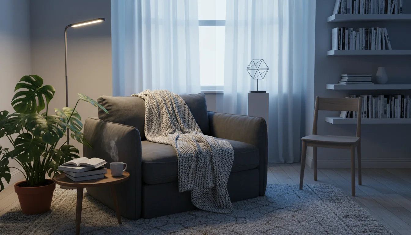 A cozy living room reading nook with an armchair and plants, half lit by a vibrant LED light and half by a duller CFL light.