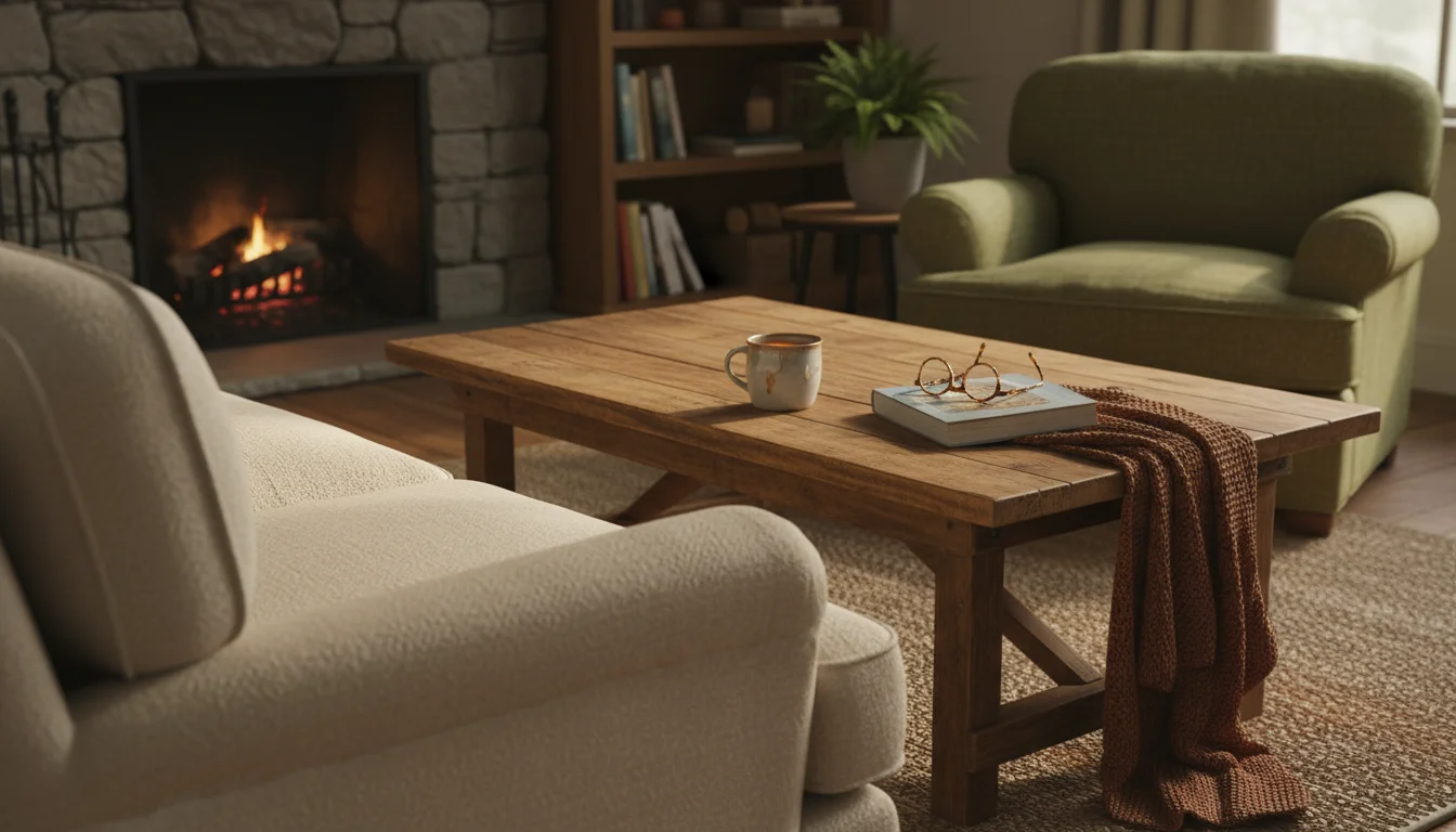A cozy living room view from a sofa armrest, showing an armchair, coffee table with a mug and book, and close seating arrangement.