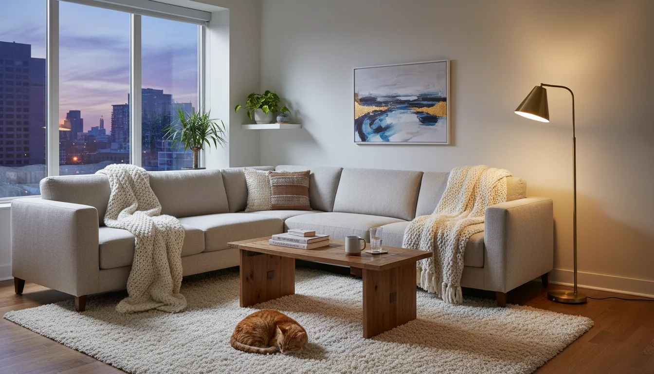 A cozy living room at twilight, subtly lit by a tall torchiere floor lamp casting a warm glow onto the ceiling and throughout the space.