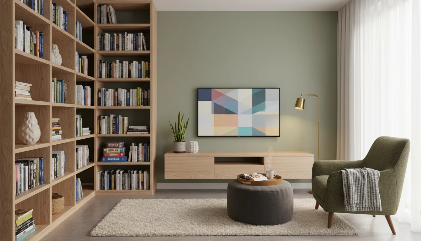 Cozy living room wall featuring a tall wood bookshelf, a sleek floating media console with hidden wires, and a narrow picture ledge displaying framed 