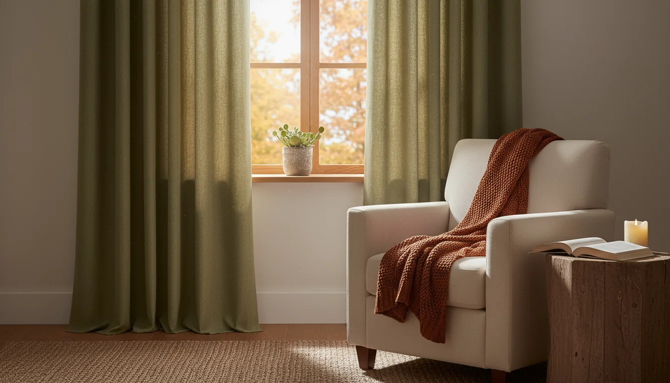 Cozy living room window with warm olive green linen-blend curtains, softening autumn light and adding texture.