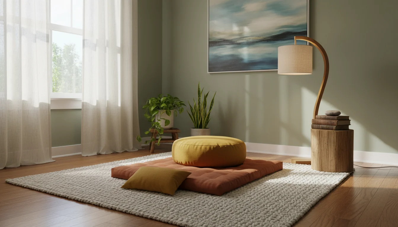 A cozy meditation corner with a textured rug, an earth-toned meditation cushion on a mat, and a warm floor lamp.